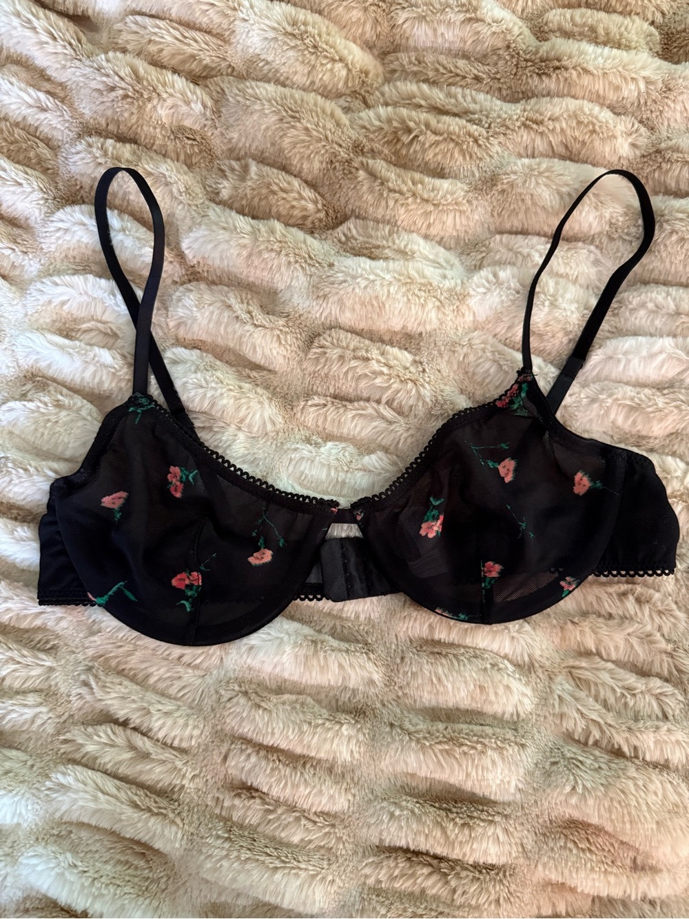 Urban Outfitters Black Underwire Bra with Pink Floral Embroidery